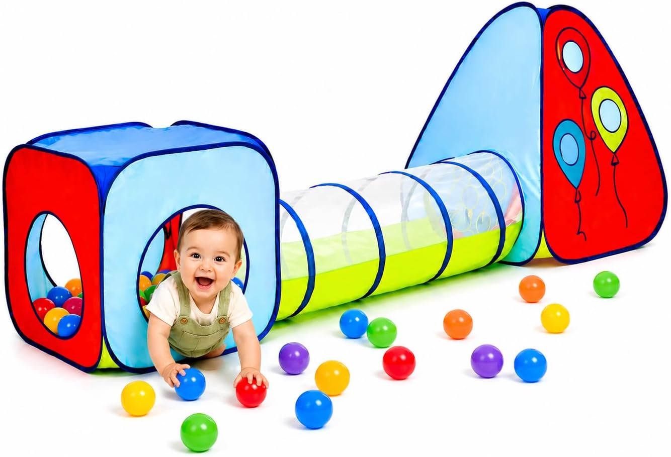Kiddey Tunnel and Ball Pit Play Tent | 3pc Pop Up Toddler Gym Tunnels with Tents for Kids, Toddlers, Infants Boys & Girls | Indoor & Outdoor Gift Game | Baby Crawling Pits for Playground