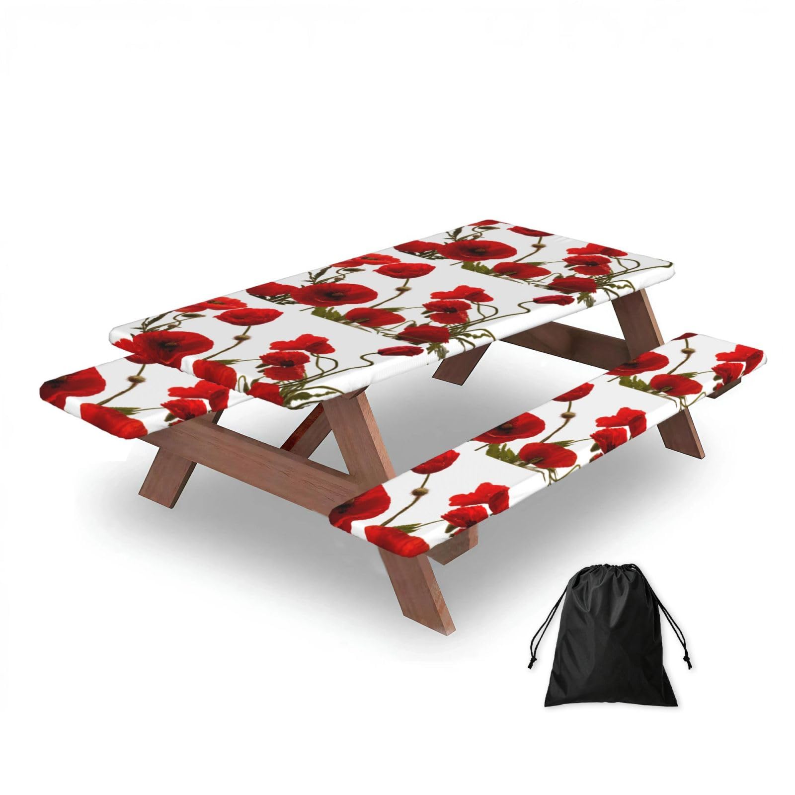 Dopklna As Picture Red Poppy Flowers, Picnic Table Cover With Bench Covers -Waterproof Elastic Fitted Tablecloth For Garden Camping Patio 76X152cm