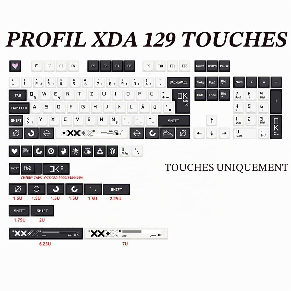 JSJT Capuchons de touches allemands XDA Profil noir et blanc 129 touches Thème PBT Capuchons de touches pour clavier mécanique ANSI/ISO Layout Cherry MX Switch