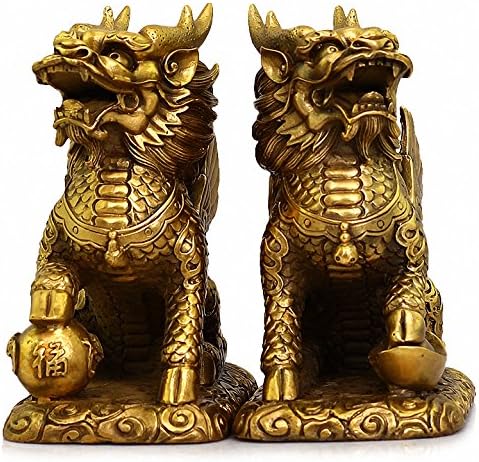 Miniatura 3 de Feng Shui - Juego de dos estatuas de prosperidad de latón dorado Chi LinKylin, decoración del hogar, atrae riqueza y buena suerte