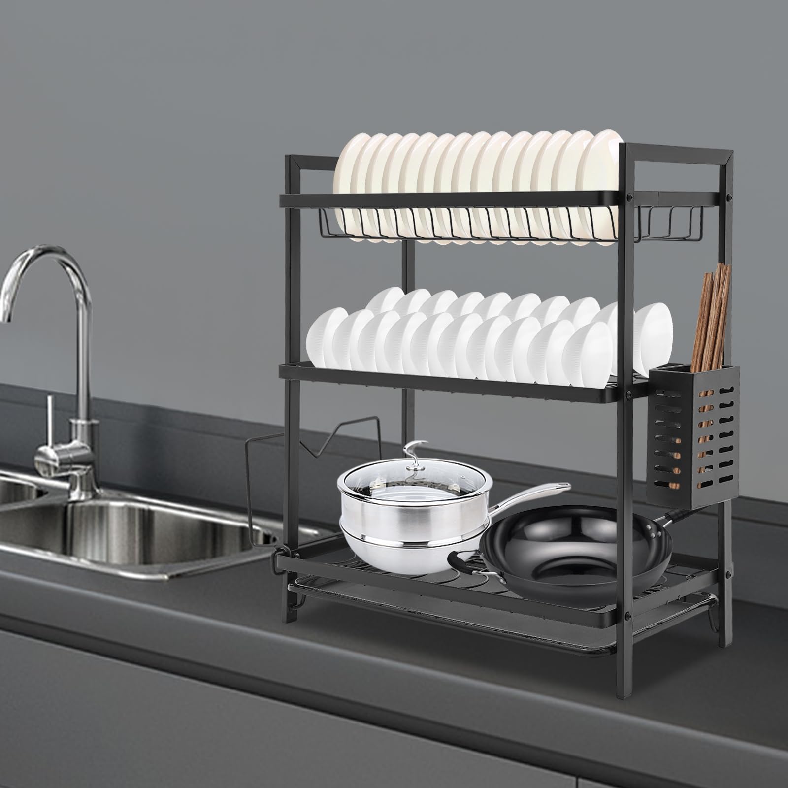 Escurreplatos de 3 niveles con soporte para utensilios y bandeja de goteo, escurridor de platos, escurridor de platos, organizador de cocina, 43,5 x 24,5 x 50 cm