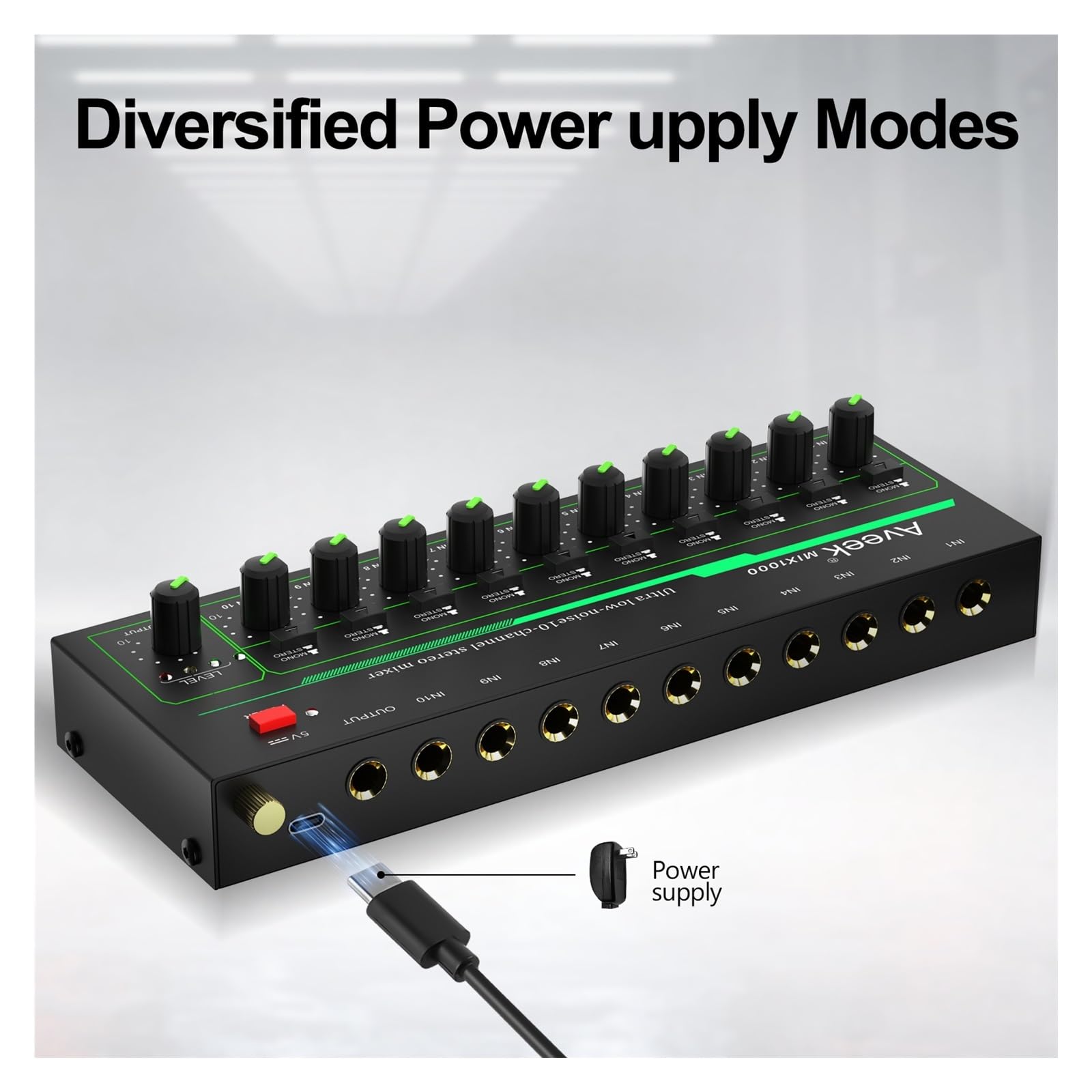 Mikser 10-kanałowy - Mini mikser stereo 10, niski poziom szumów do precyzyjnego miksowania podrzędnego, wejście/wyjście TRS 1/4" dla mikrofonów