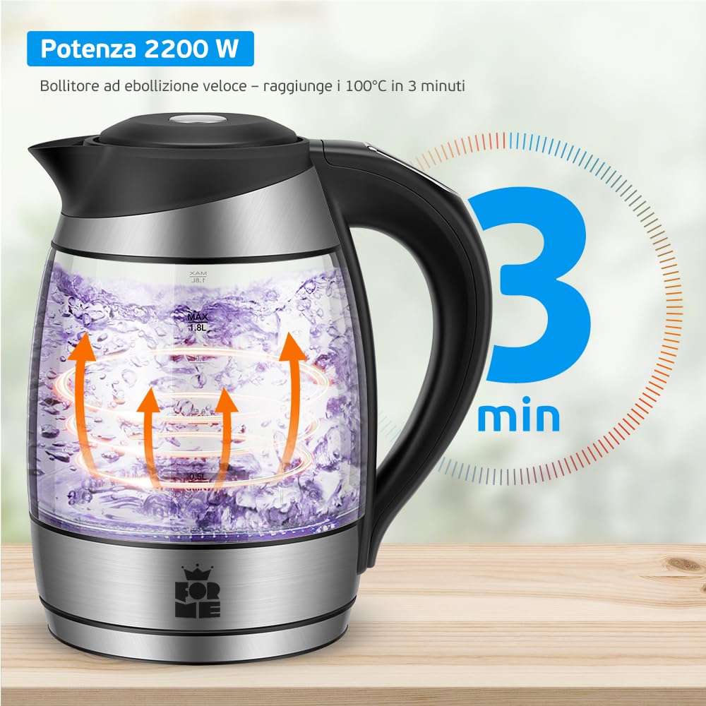 FOR ME Bollitore Elettrico in Vetro 1,8 L, Controllo della Temperatura, Temperatura Selezionabile da 40°C a 100°C, Illuminazione a LED a 7 Colori, Funzione di Mantenimento Caldo, Senza BPA