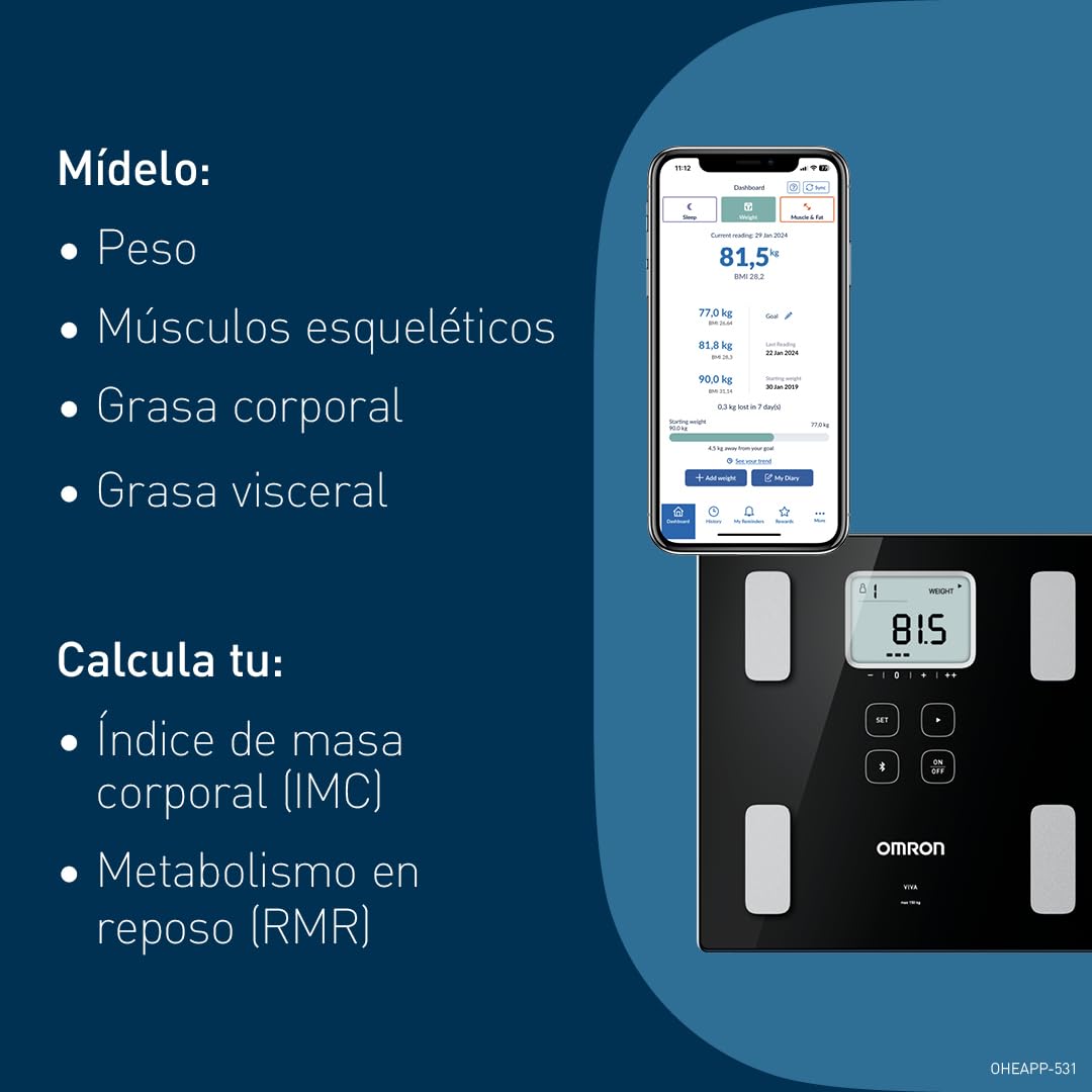 OMRON VIVA - Báscula inteligente y monitor de composición corporal con medición de peso, grasa corporal, grasa visceral, músculo esquelético, metabolismo basal e IMC