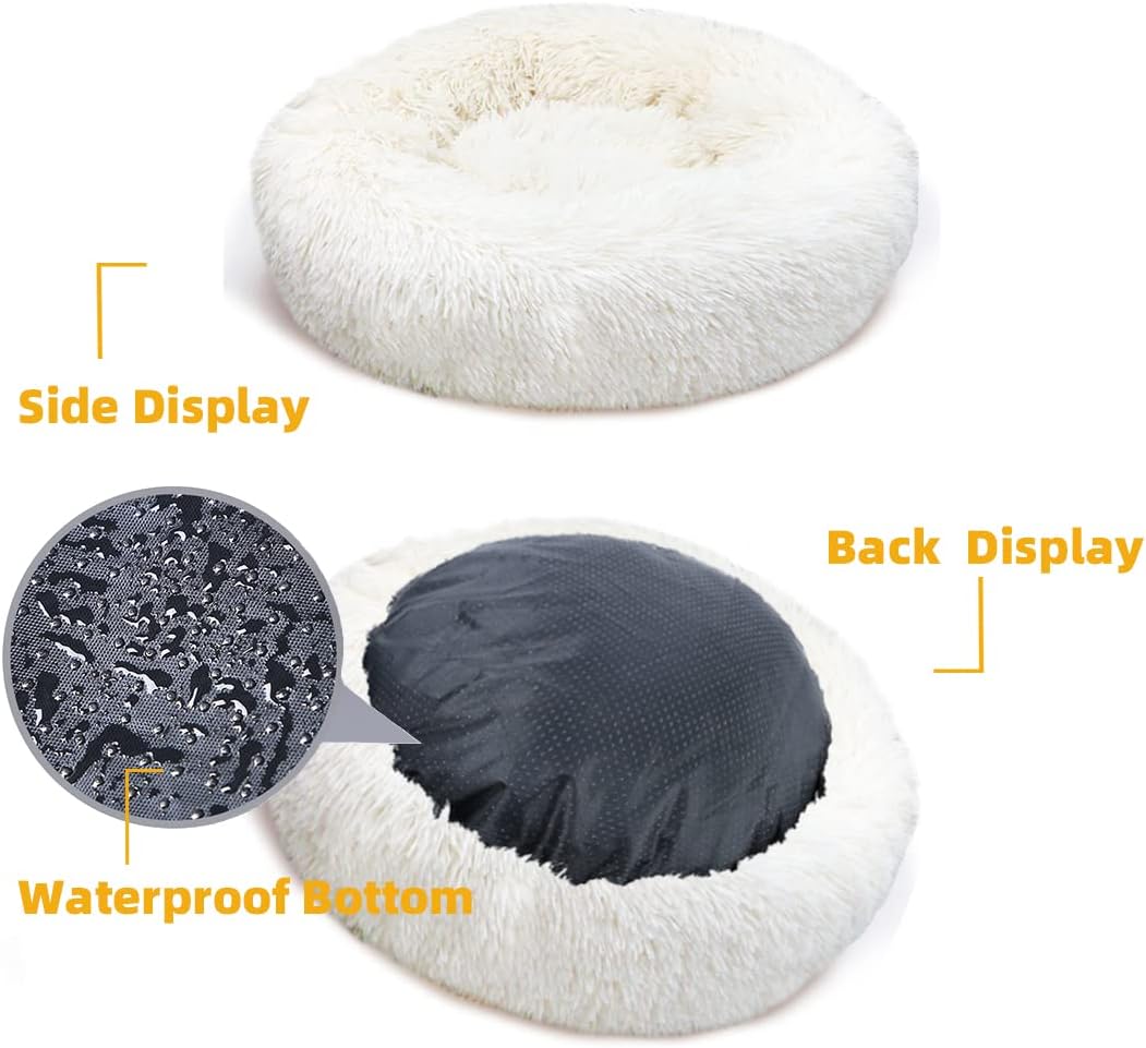 review Luxury Shag Fuax Fur Donut Cuddler Concise Style Round Donut Pet Bed Pet Bed Faux Fur Dog Beds for Medium Small Dogs - Self Warming Indoor Round Pillow Cuddler (L-28 * 28 * 8inch,White)