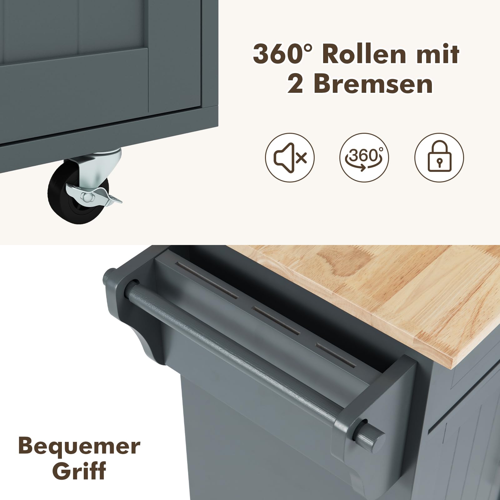 COSTWAY Küchenwagen auf Rollen, Servierwagen mit Arbeitsplatte, 2 Schubladen, Messer- & Handtuchhalter, Küchentrolley Holz, Küchenschrank für Küche, Beistellwagen Kücheninsel (Grau)