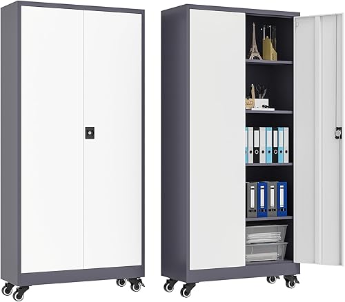 heycode Gabinete de almacenamiento con bloqueo de metal con 2 puertas y 4 estantes ajustables armarios de almacenamiento de garaje de acero de 71