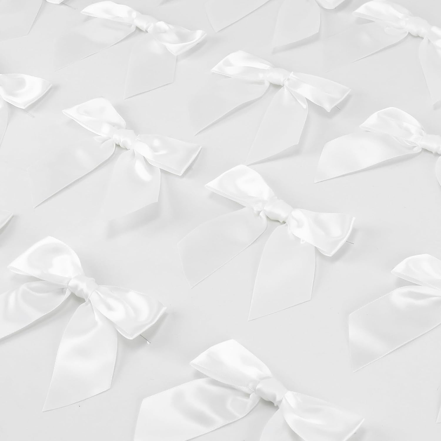 AIMUDI White Satin Twist Tie Bows for Treat Bags 4.5" Pre-Tied White Ribbon Bows for Crafts Gift Wrap Bows Premade Bows for Christmas Tree Wedding Decor Baby Shower Party Favors Cake Pops - 36 PCs - Image 7