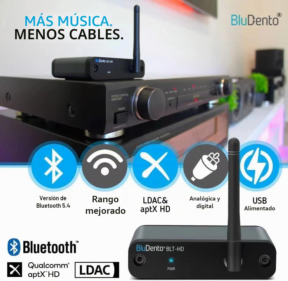 BluDento aptX HD, Receptor de música Bluetooth 5.0 True HiFi Long Range BLT-HD, DAC Integrado, para transmisión de Audio a Cualquier Receptor A/V, Altavoz Potente, Amplificador
