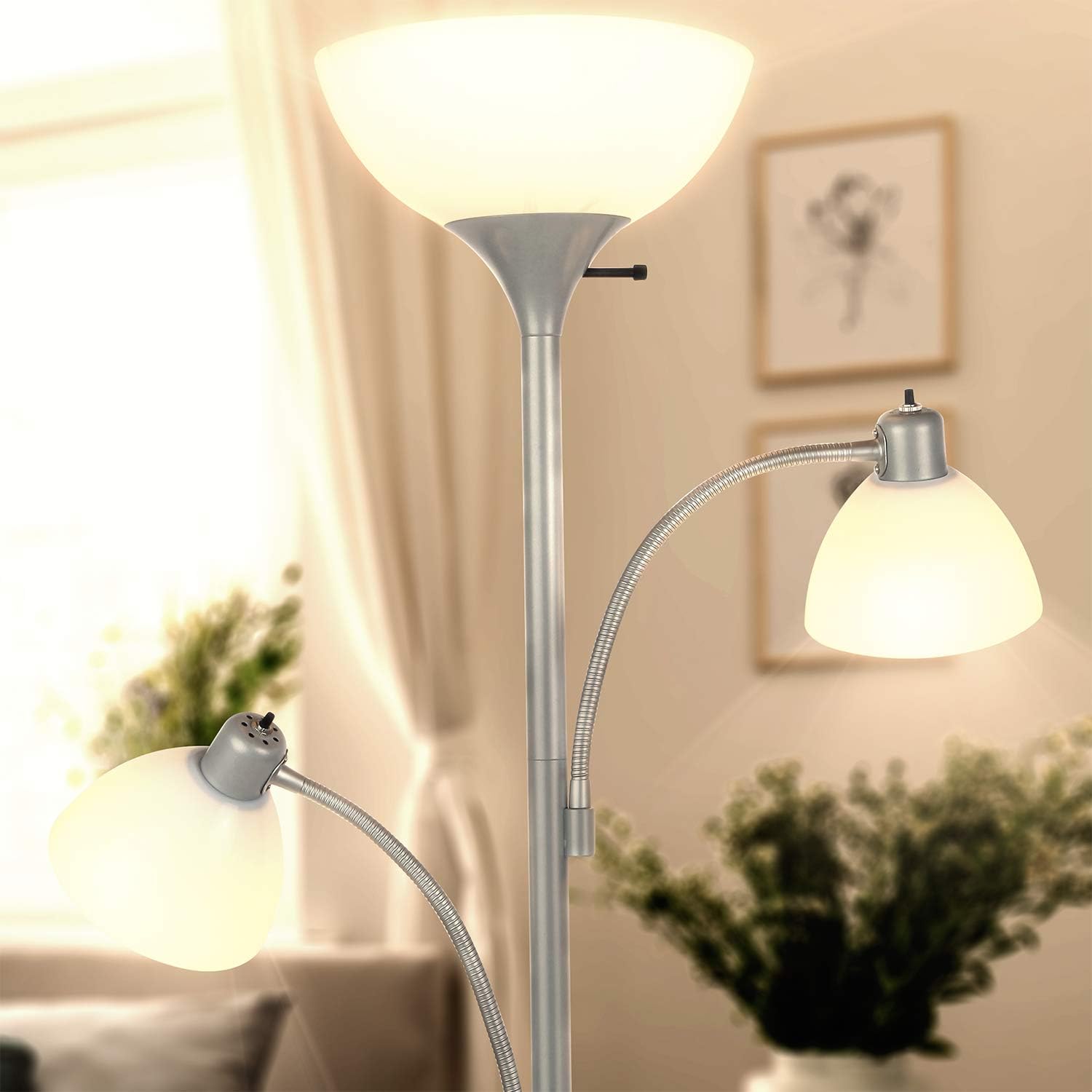 Brightech Sky Dome Double LED Floor lamp, Torchiere Super Bright Floor Lamp with 2 Reading Lamps for Living Rooms & Offices - Dimmable Tall Standing Lamp for Bedroom Reading - Tall Silver Pole
