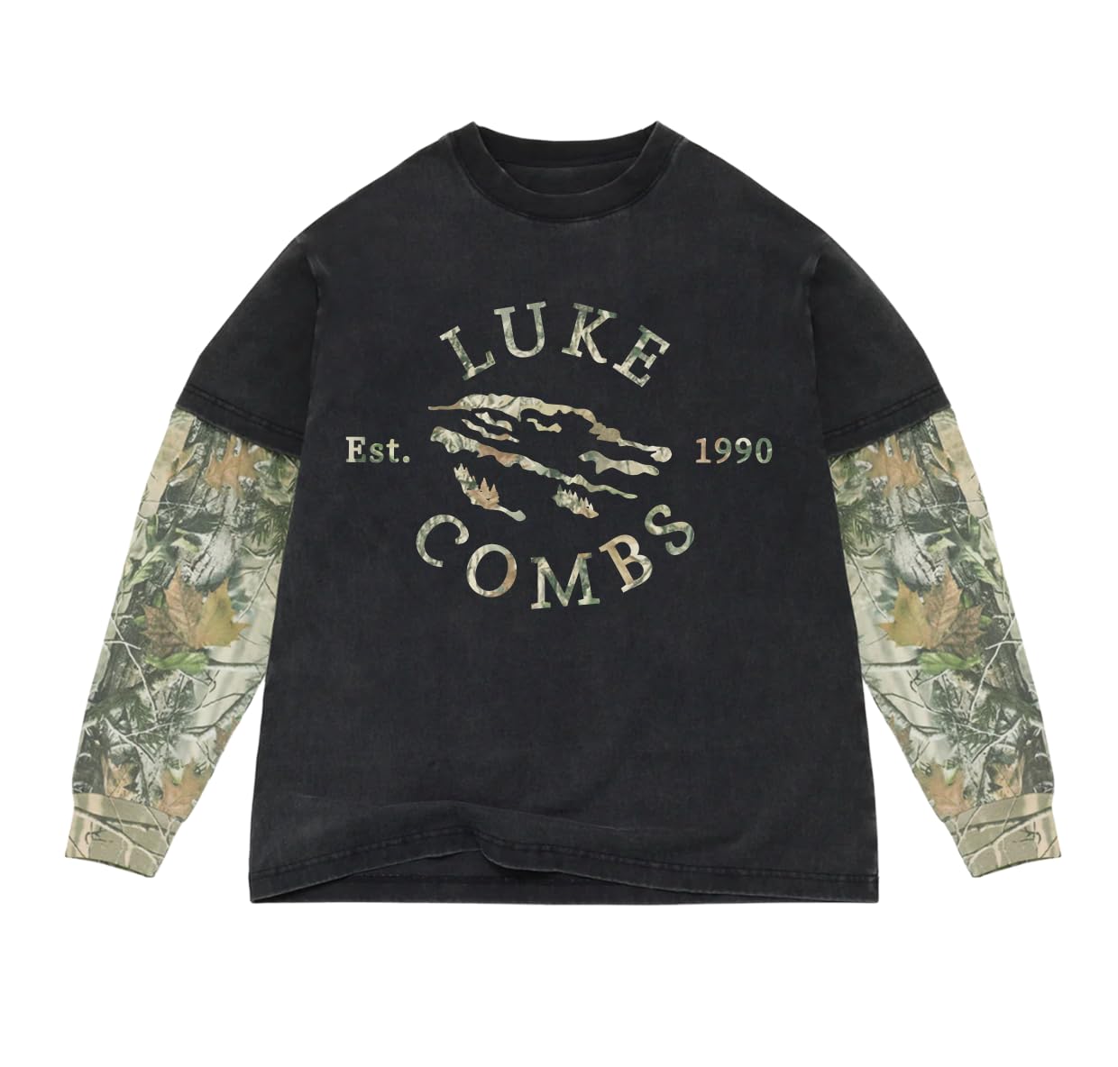 Luke Combs Est 1990 2fer Long Sleeve T-Shirt, Black Camo, Camo, Large