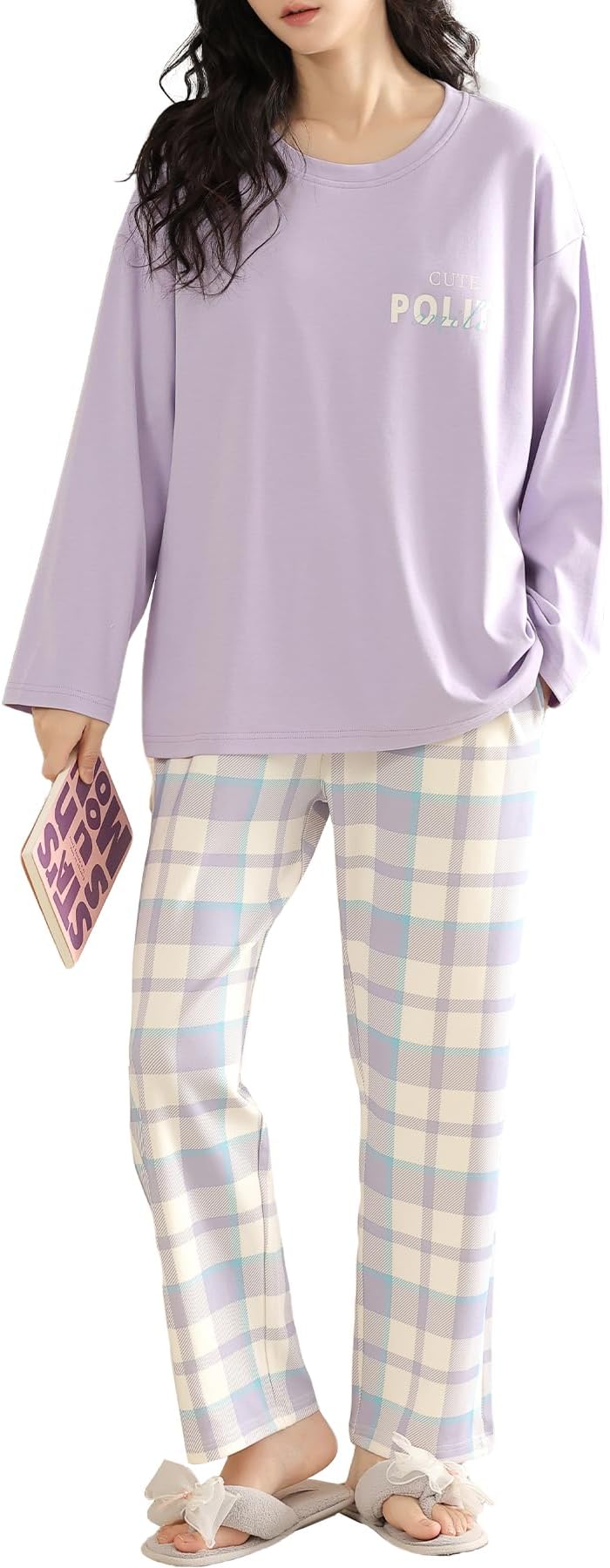 Women's Pajamas, 100% Cotton, Long Sleeve, Top and Bottom Set, Room Wear, For Spring and Autumn, Cute Checkered Pattern, Loose, Comfortable, Loungewear