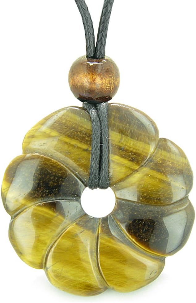 Large Flower Lucky Charm Donut Amulet Magic Tiger Eye Pendant Necklace