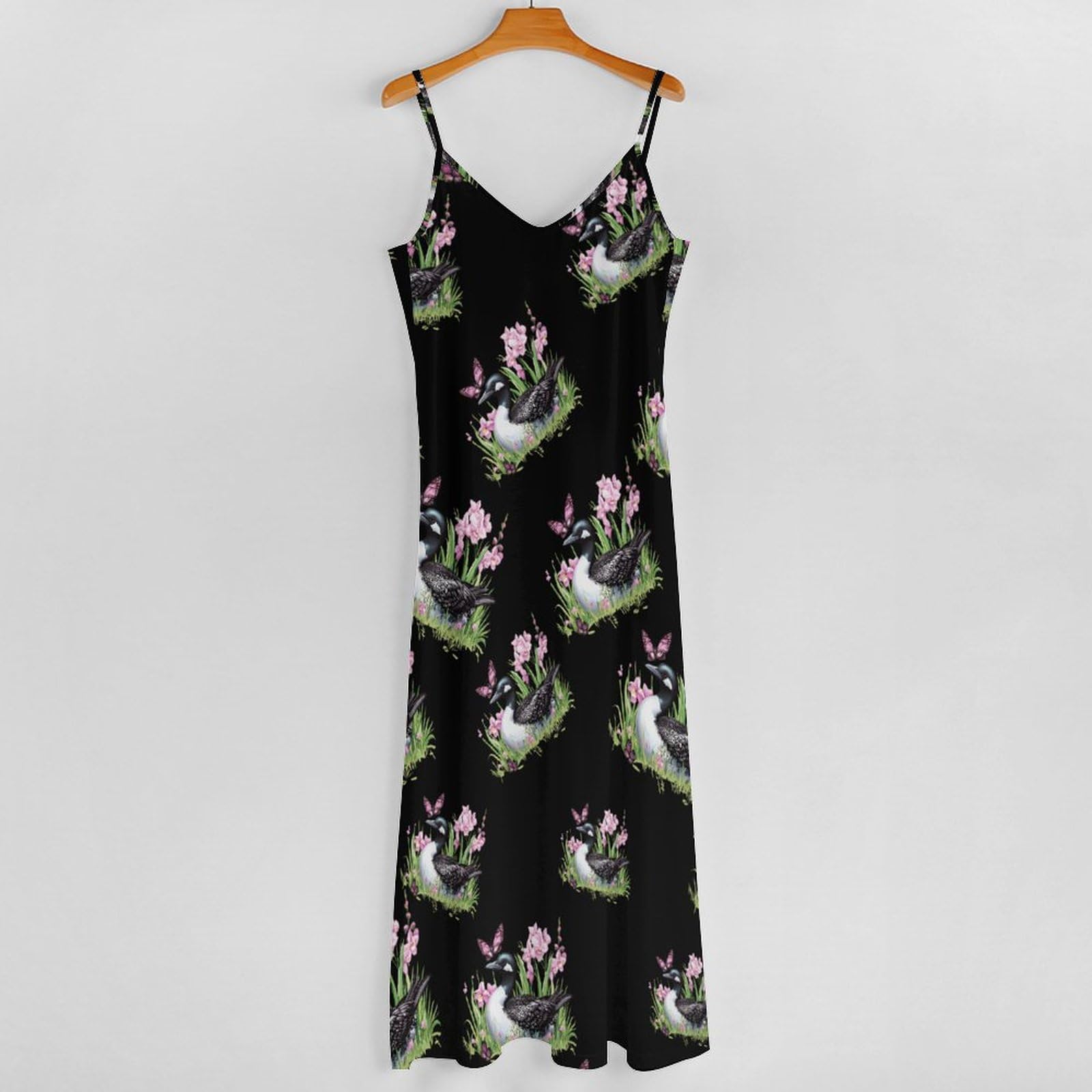 Vestido largo casual con estampado de flores y mariposas para mujer, con tirantes delgados ajustables, vestido de playa