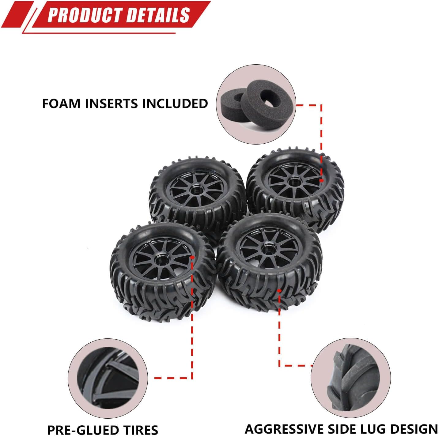 RCAWD Pre-Glued 12mm Hex Adapter Wheel and Tire Set Rubber Nylon Upgrades Parts for 1/16 1/18 Monster Truck with Foam Inserts for Hosim 2845 Scale RC Width 40mm ID 45mm OD 82mm LG-005BL