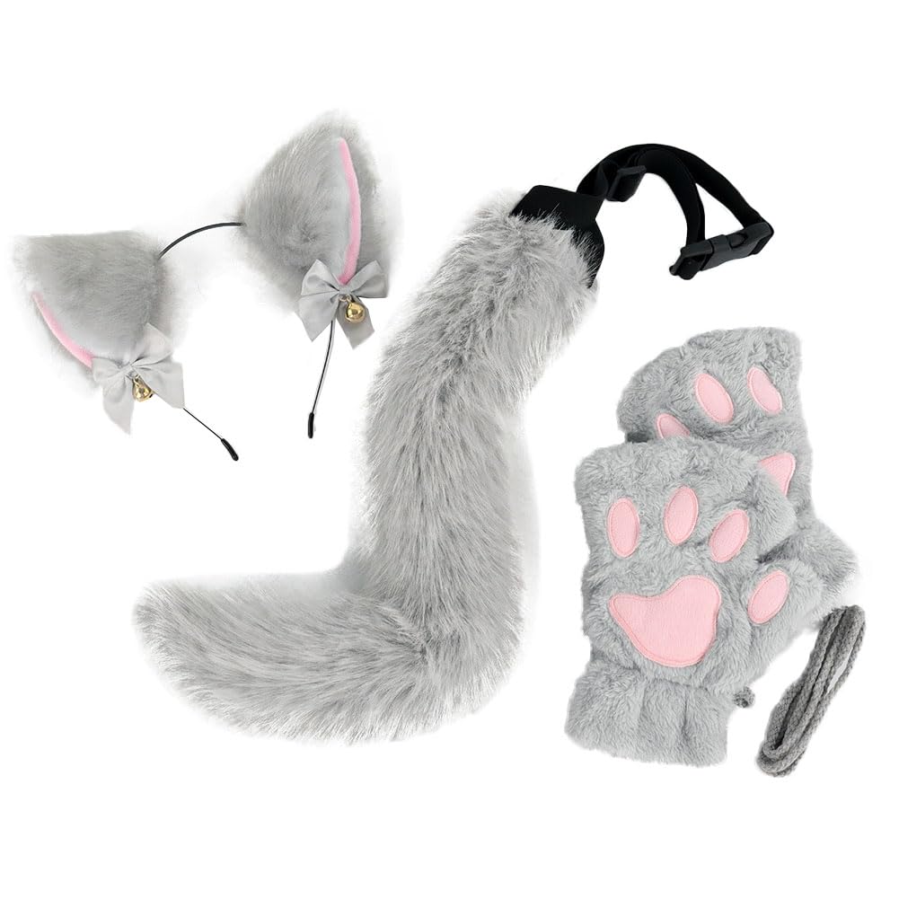 ILUFAM Fox Cat Ears Headband Paw Gloves Tail Set Animal Cosplay Costume Accessories for Halloween Christmas Fancy Party (Grey)