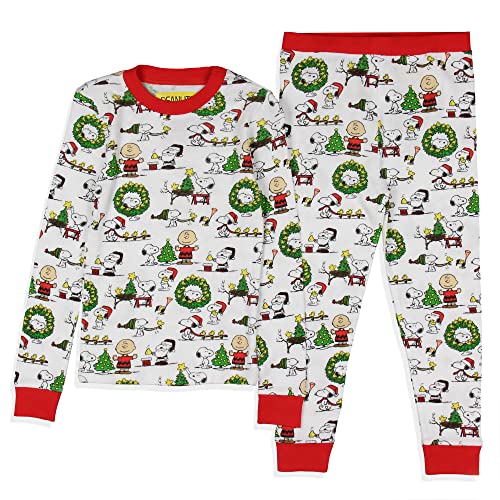 INTIMO Peanuts Boys' Girls' Unisex Christmas Santa Snoopy Charlie Brown Characters Sleep Pajama Set