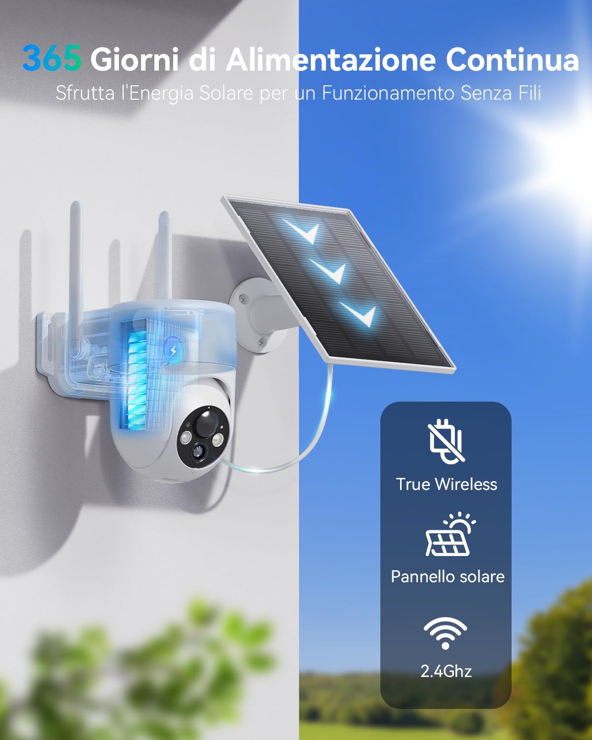SEHMUA Videocamere Sorveglianza Solari per Esterno, Telecamera Wi‑Fi Senza Fili a Batteria PTZ 360° Risoluzione 2K, Visione Notturna a Colori, Rilevamento PIR, Audio Bidirezionale, Impermeabilità IP66
