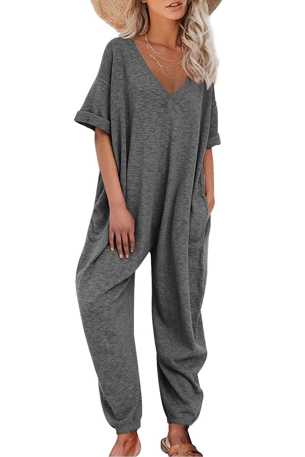 Nirovien Women's Solid Color V Neck Jumpsuits 