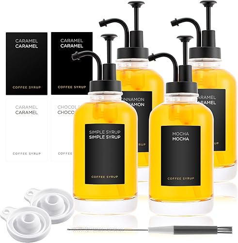 Joyfulmap 4 dispensadores de jarabe de café, dispensador de bomba negro con botellas para accesorios de cafetería, botella de café de vidrio