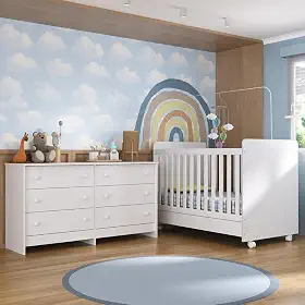 Berço 3 em 1 para Colchão 130x70cm com Rodízios e Cômoda Chantilly Multimóveis Mp4290 Branco