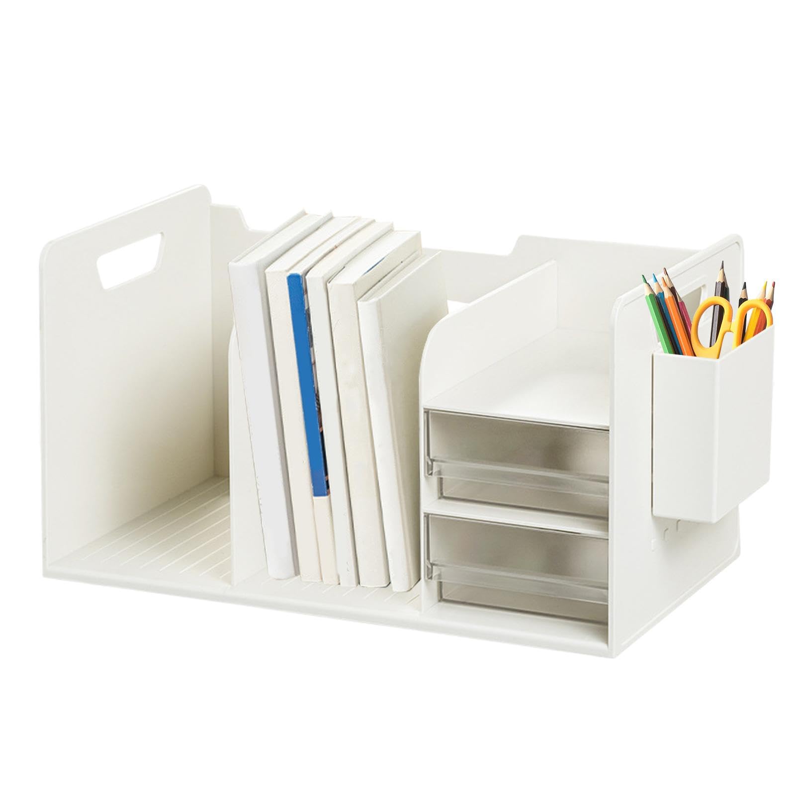 Organizer da scrivania con supporto per libri, libreria da scrivania, organizer multifunzione da scrivania con 2 cassetti, solido supporto per libri di facile accesso, per cancelleria, libri, riviste