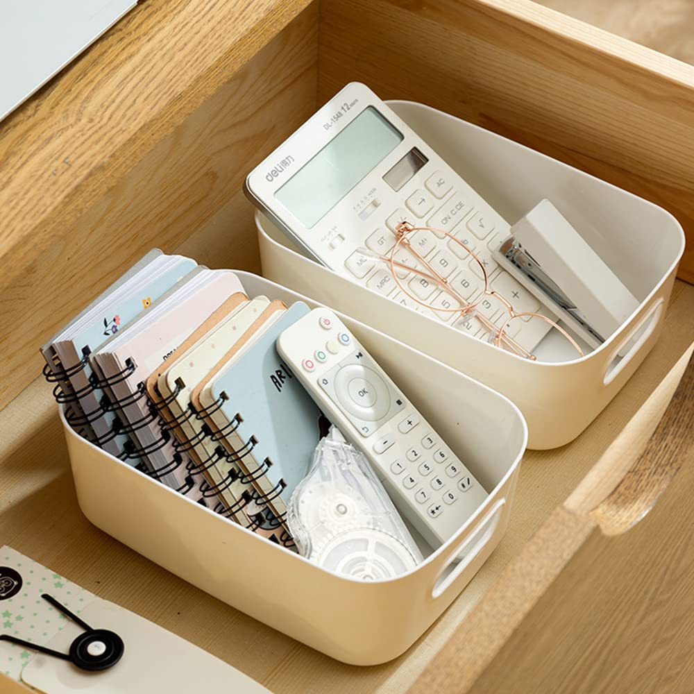 6 Piezas Cestas de Almacenaje, Cajas Organizadoras de Plástico con Asas, Cestas Almacenaje, Cesta de Ordenación, Cesta de Almacenamiento para Hogar Cocina Baño, 21x14x7cm (Blanco)