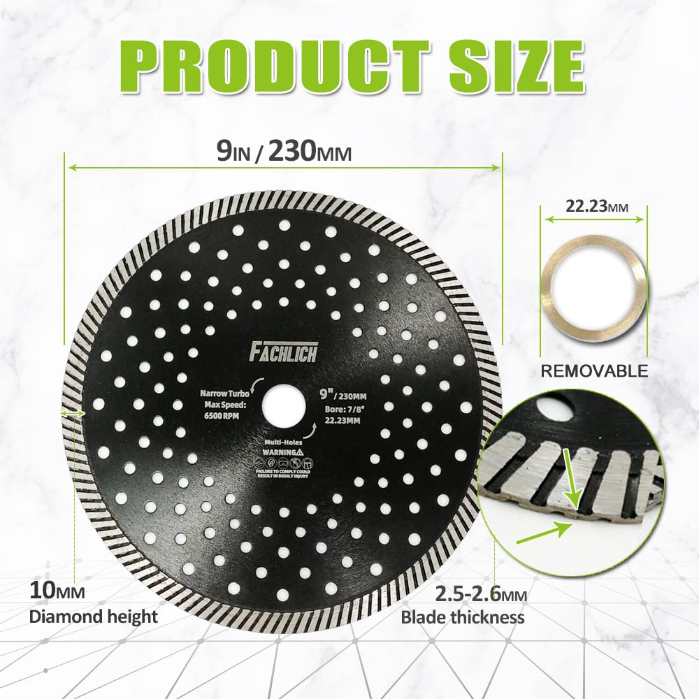 Tarcza tnąca diamentowa 23 mm, 230 mm, najwyższej jakości turbo ciągła krawędź do marmuru z granitu