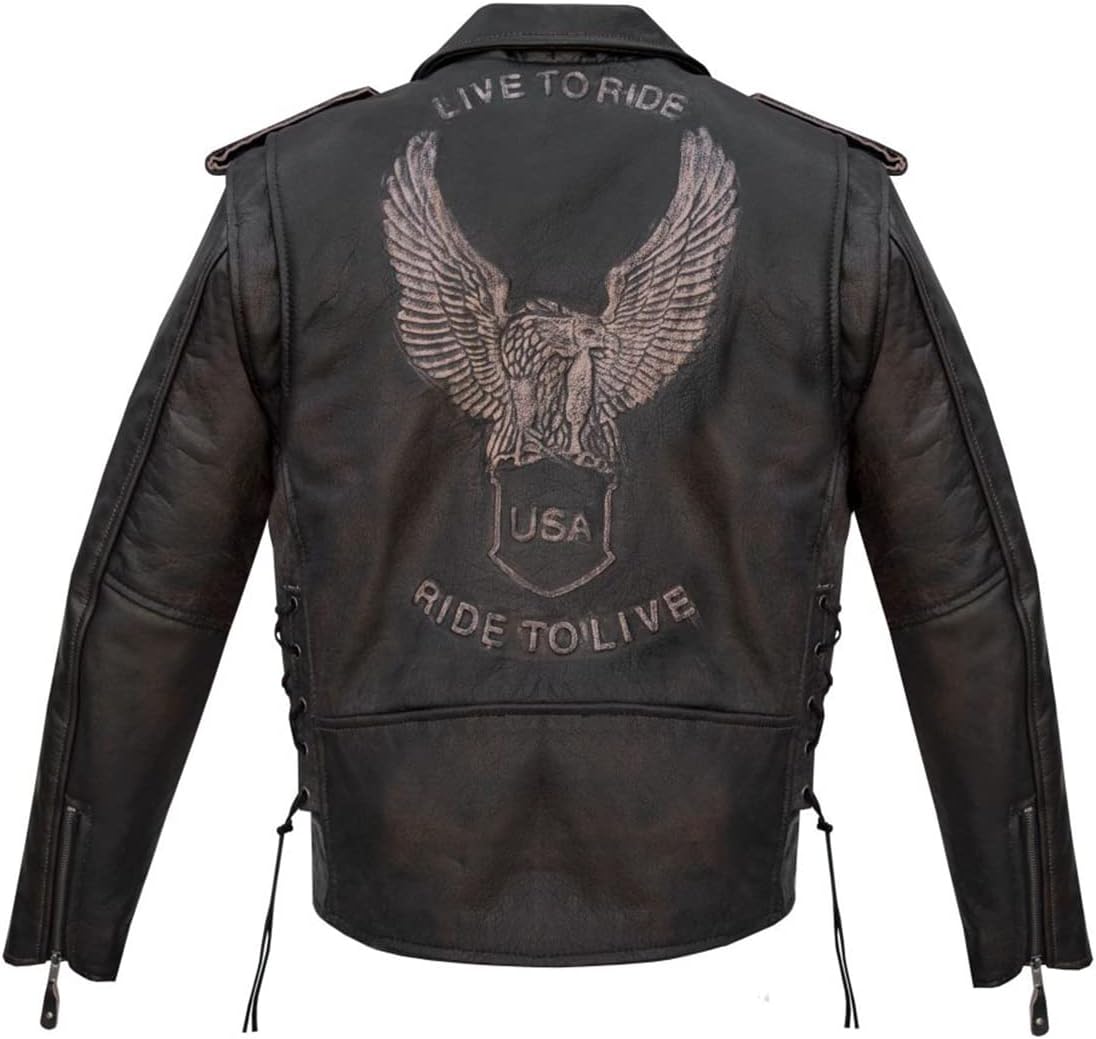 GARGOYLE BELLS Mens Naked Cowhide Racer Jacket Zip-Up Motorcycle Bike Coat with Pocket/Removable Liner/Side Laces