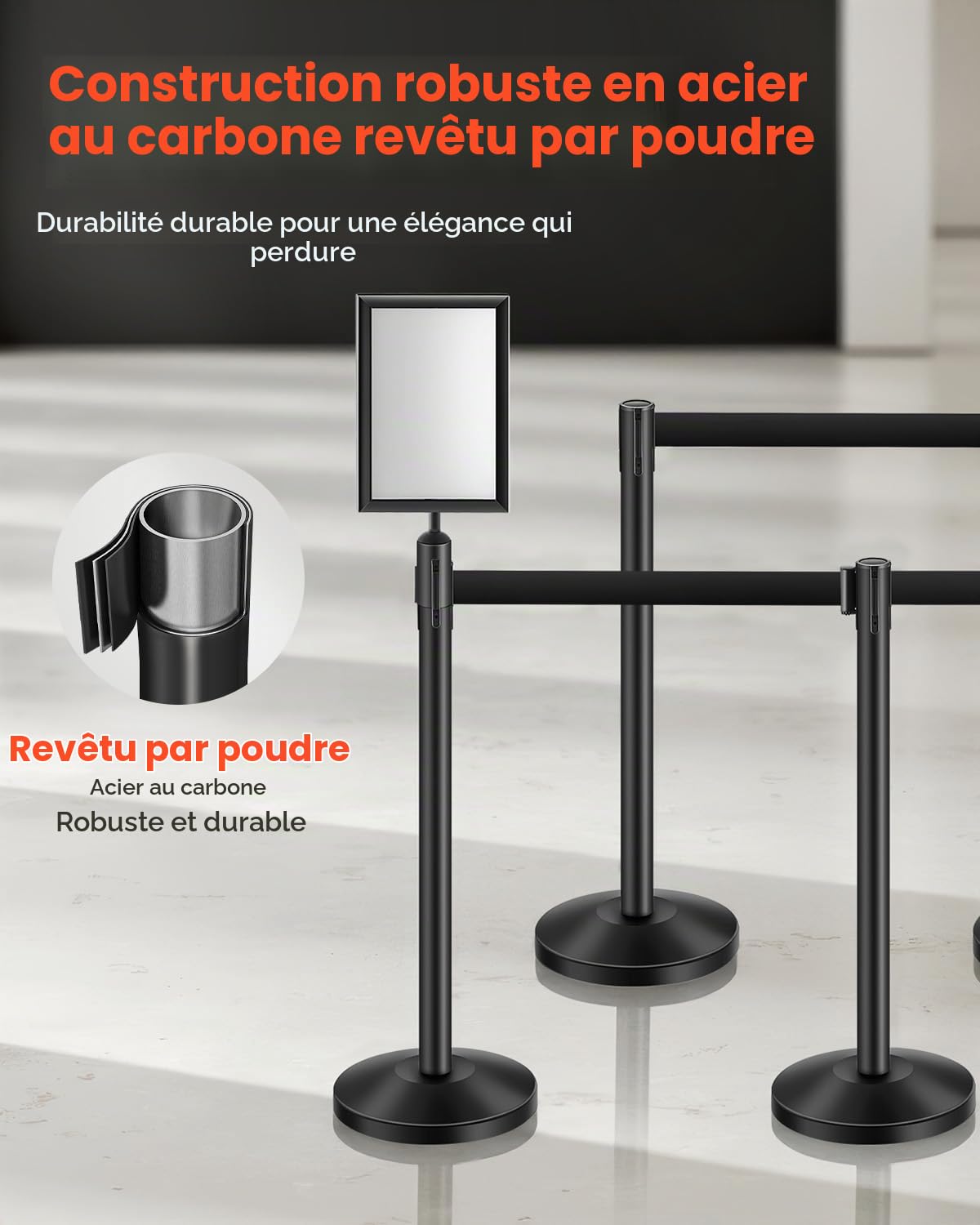 VEVOR Poteau de guidage, 8 pcs, barrière de balisage pour contrôle de foules, avec base creuse, poteau en acier au carbone, sangles rétractables et 2 supports de panneau, pour théâtre, fête, mariage