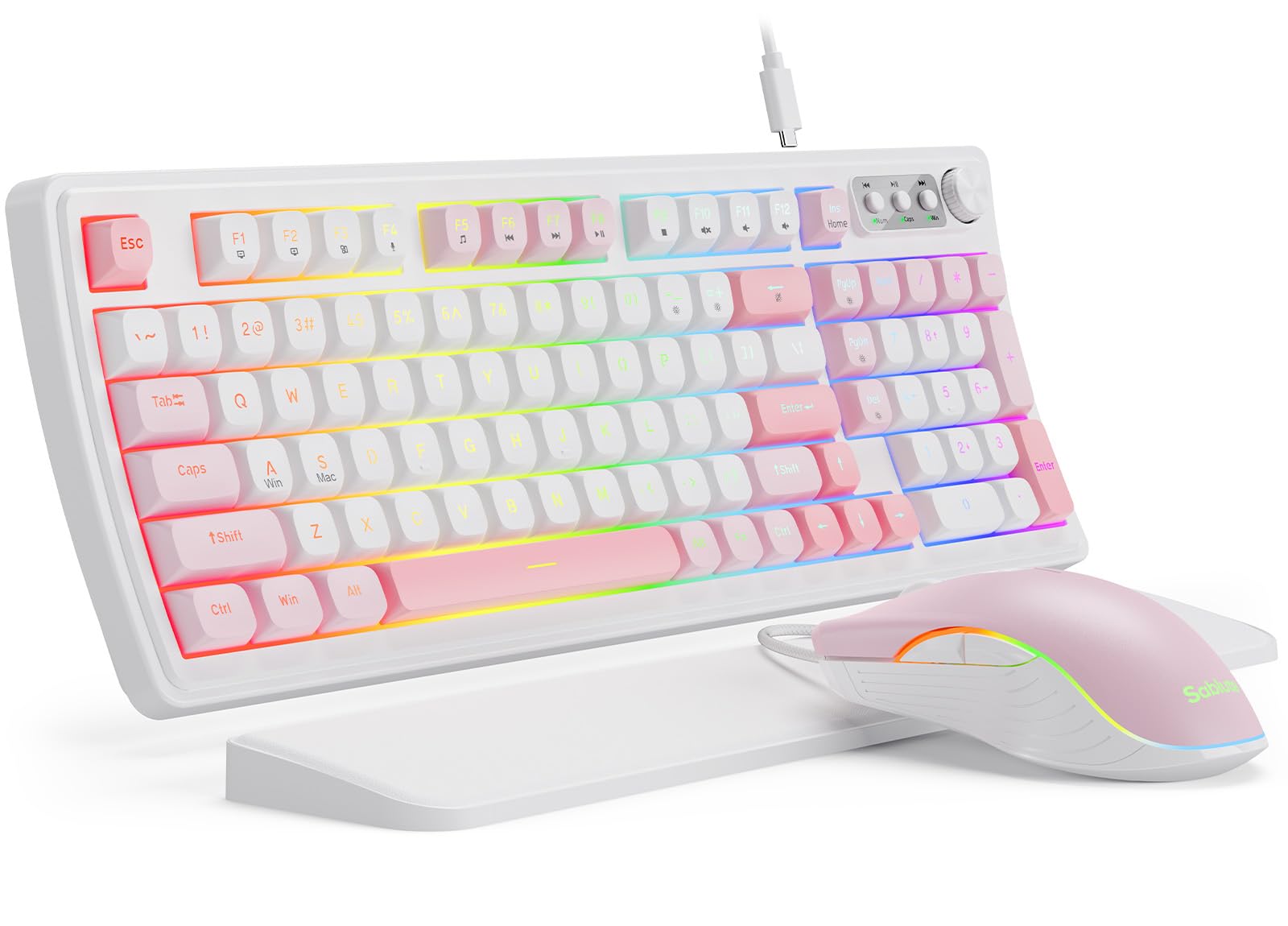 SABLUTE Tastiera e mouse da gioco con cavo, tastiera e mouse meccanici retroilluminati RGB, manopola multimediale e poggiapolsi ergonomico anti-ghosting in pelle premium per gioco (rosa)
