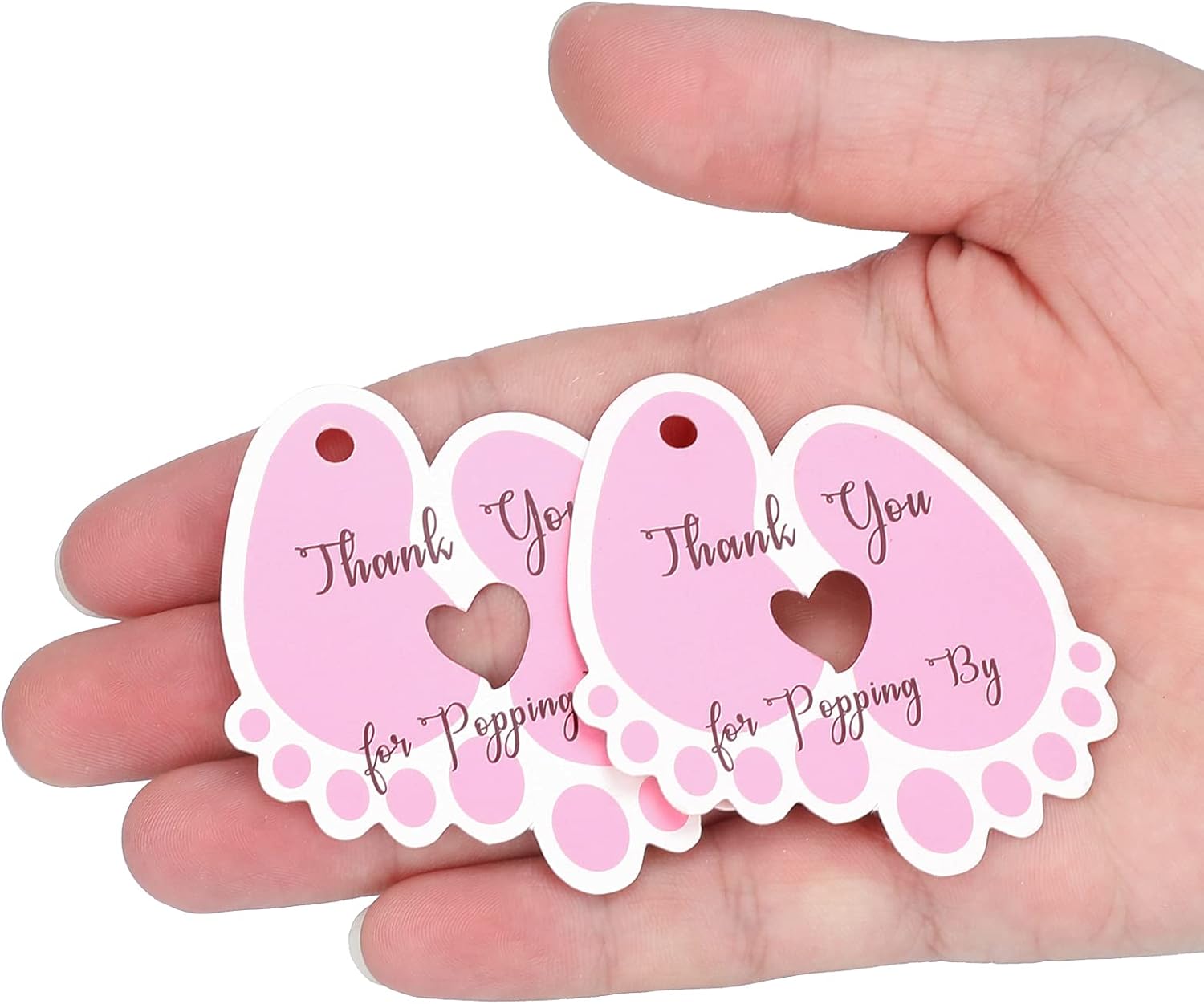 jijAcraft Baby Shower Thank You Tags,100Pcs Thank You Gift Tags with String,Pink Baby Shower Tags,Personalized Baby Feet Thank You for Popping by Tags for Baby Shower Brithday Party Favors (6 x 5.5cm)