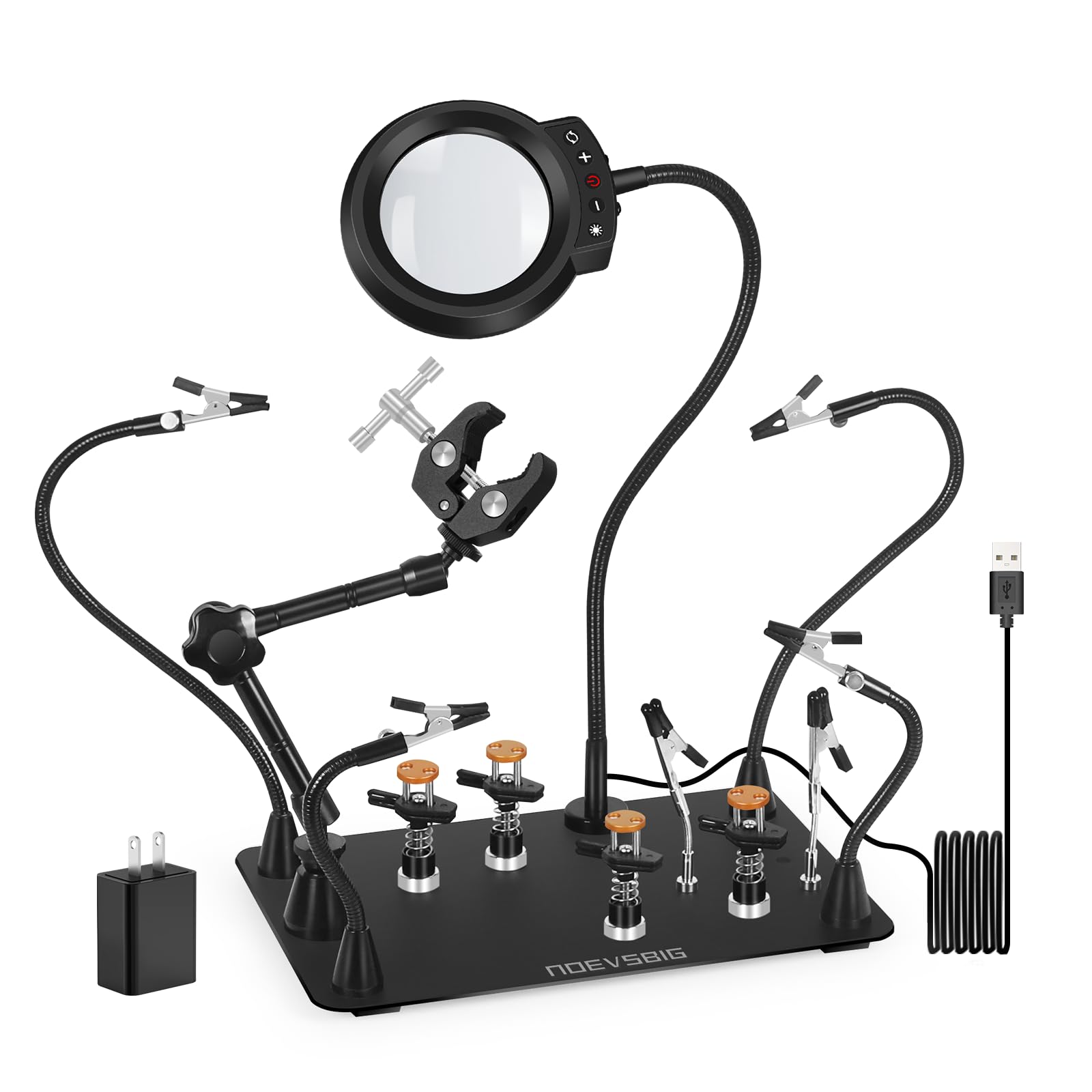 NOEVSBIG Stazione di saldatura Helping Hands con lampada di ingrandimento 5X, super morsetto a 360°, 4 morsetti a mano, bracci flessibili, strumento di terza mano per riparazione elettronica PCB fai