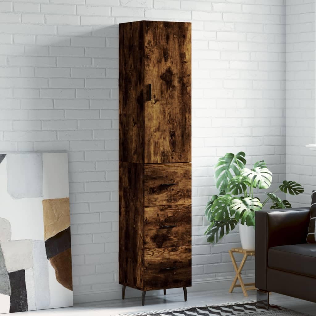 Bufet wysoki Dąb wędzony 34,5 x 34 x 180 cm, szafka do przechowywania z drewna inżynieryjnego z metalowymi drzwiami i nogami, duża przestrzeń do przechowywania w eleganckim wnętrzu