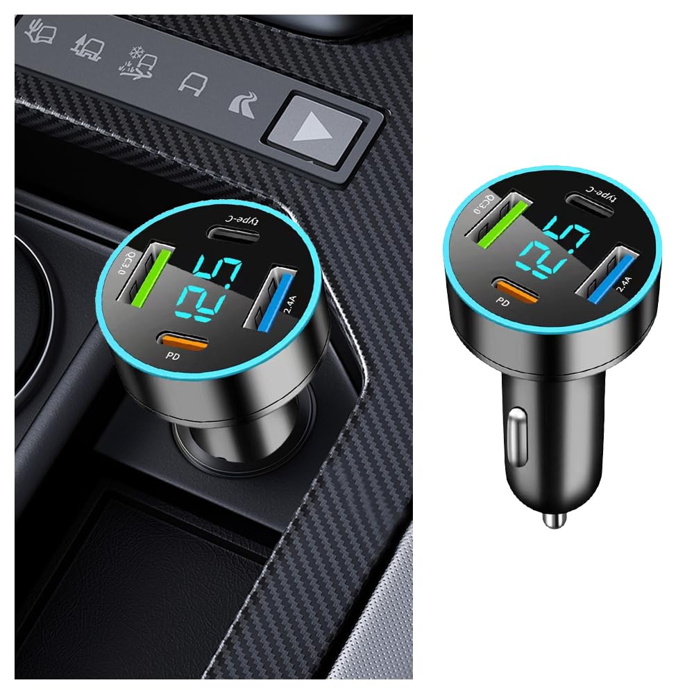 4-in-1 Fast Car Charger, PD/QC3.0/Type-C Fast Charging, Universal Phone Cigarette Lighter USB With Blue LED & Voltmeter for Truck SUV (QC3.0+Type-C+PD+2.4A)