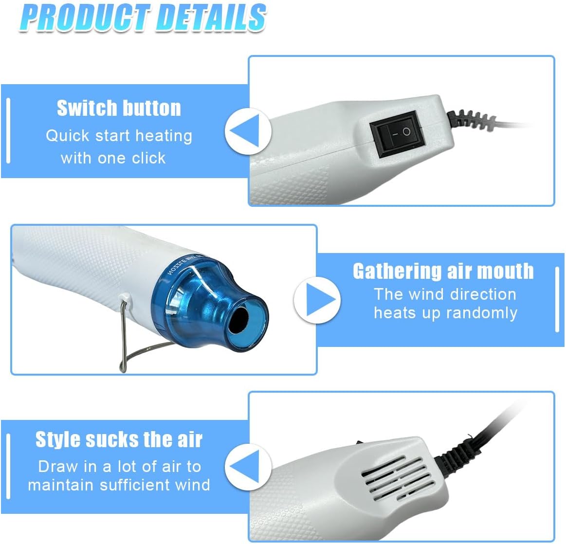 Mini Heat Gun - 220V 300W Portable Handheld Hot Air Gun Tool for DIY Craft Embossing - Electric Heating Tool with Stand & Power Cord for Car Vinyl Wrap/Shrink Wrapping PVC/Drying Paint(White)