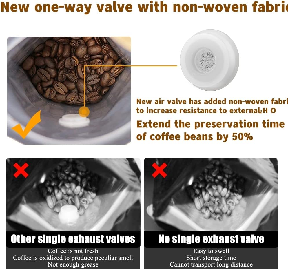 Coffee Bags with Valve(16 oz,1 lb,100pcs) Brown High Barrier Aluminumed Foil Flat Bottom Heat Sealed Coffee Beans Packaging Bags Side Zipper Resealable for Home or Business