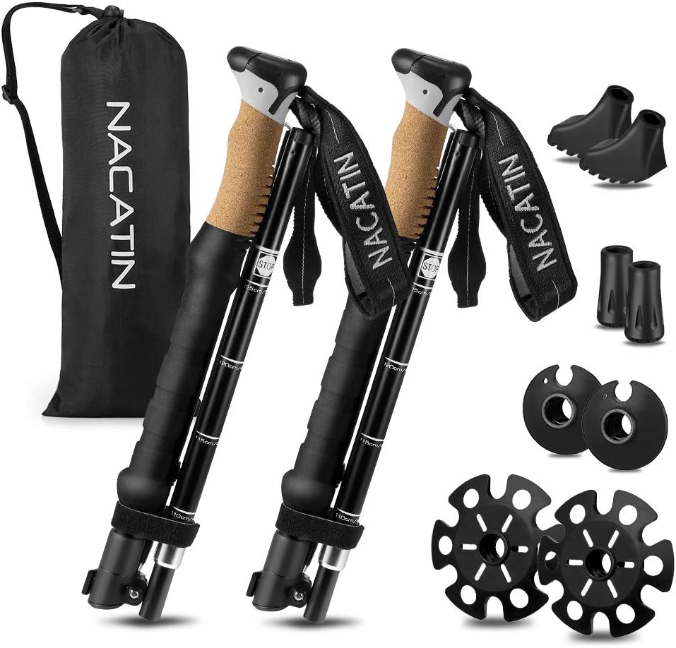 NACATIN Hiking Poles Collapsible Trekking Sticks - Cork Grip Walking Pole Ultralight Aluminum Folding Walking Stick 2 Pack with Antishock Quick Lock System for Trekking, Hiking,Climbing,Backpacking