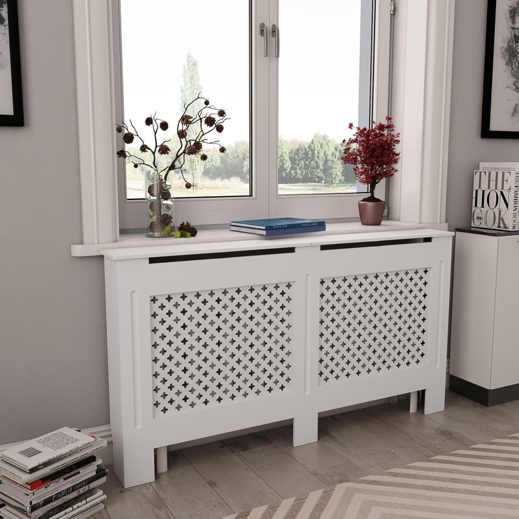 Cubierta de radiador blanca MDF 152x19x81,5 cm para proteger la calefacción del hogar