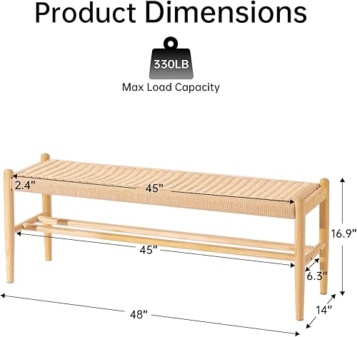 Miniatura 2 de Banco de entrada de madera maciza con almacenamiento de zapatos, roble rústico y diseño tejido, asiento de 45 pulgadas de largo para salas de estar
