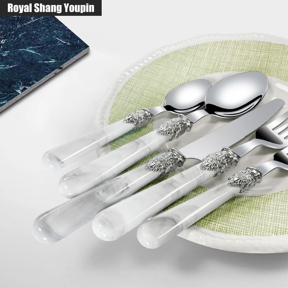Marmo Manico Argenteria Stoviglie Set Acciaio Inox Posate Bistecca Tavolo Coltello Forchetta Cucchiaio Frutta Cucchiaino (Bianco,20 pezzi)