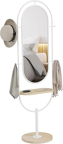 HOMCOM Espejo de Cuerpo Entero 175,5x50 cm con Bandeja de Madera y 4 Ganchos Espejo de Pie con Marco de Metal para Dormitorio Salón Blanco