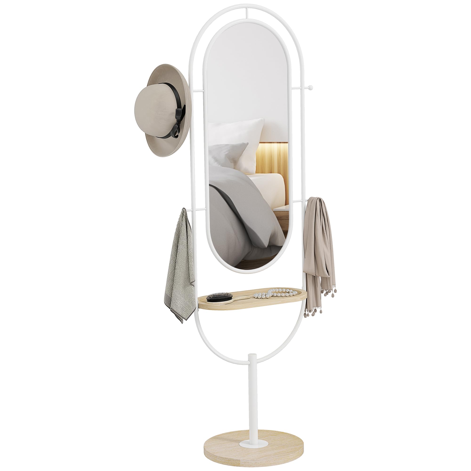 HOMCOM Espejo de Cuerpo Entero 175,5x50 cm con Bandeja de Madera y 4 Ganchos Espejo de Pie con Marco de Metal para Dormitorio Salón Blanco