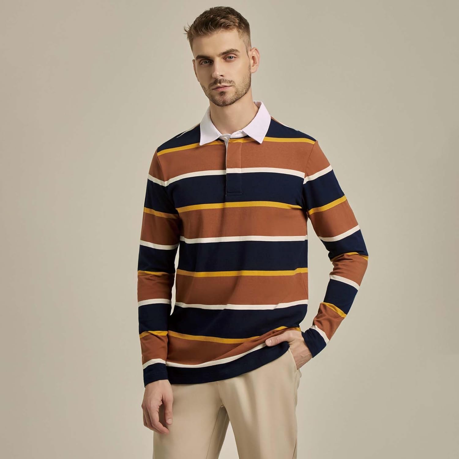 Mens Polo Shirts Striped Cotton Moisture Wicking Classic Collared Casual Golf Shirts for Men - Image 2