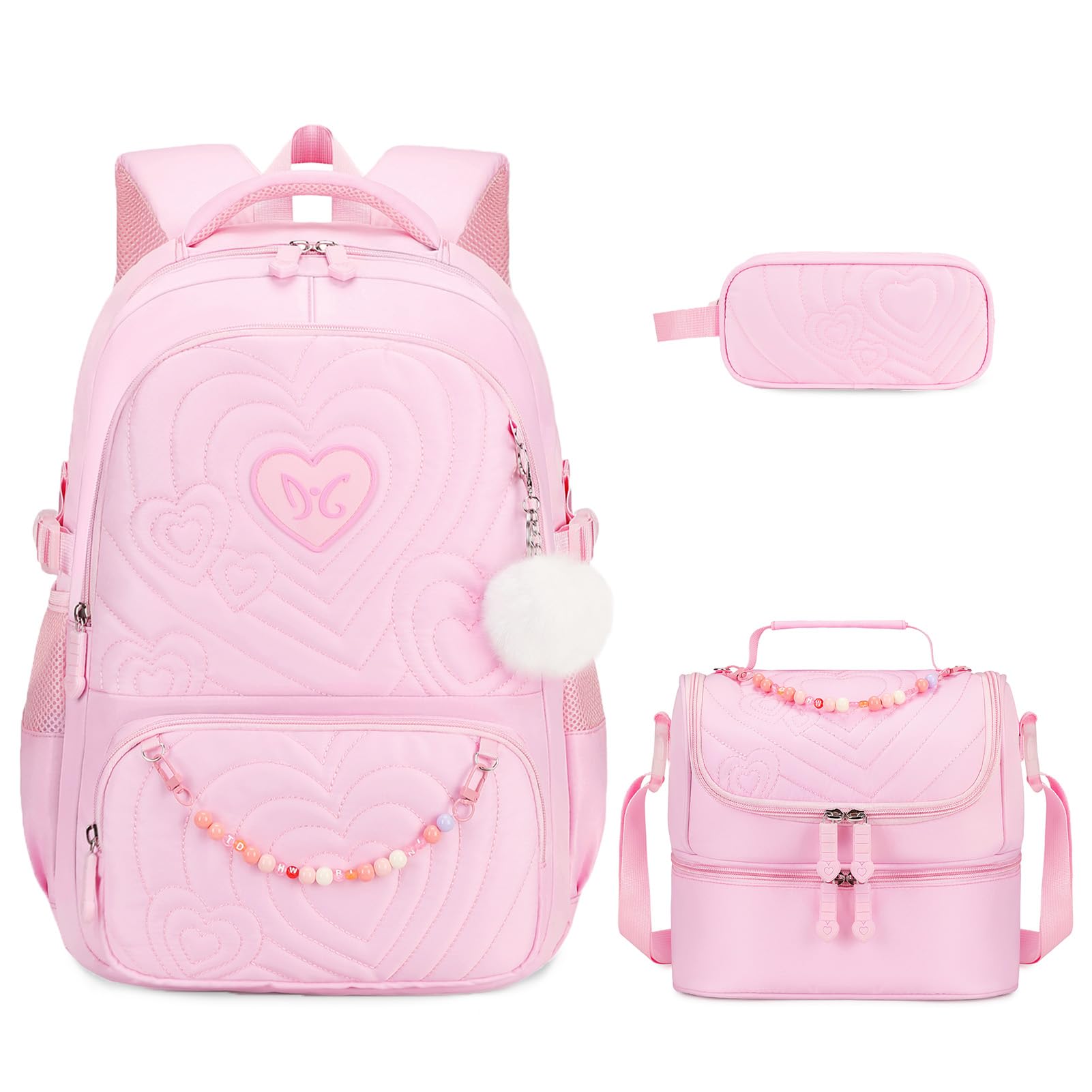 DIGOBAY Quilted Backpack for Girls with Lunch Bag Pencil Case | 3PCS Girls Backpack for Kids Teens ,Cute School Bookbag for Elementary Middle High School, Pink