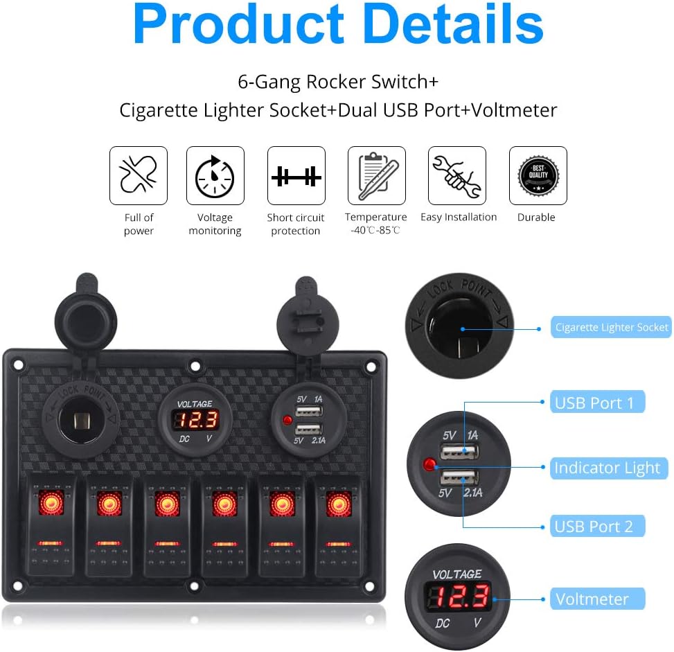 WATERWICH Marine Boat Car 6 Gang ON-Off Ignition Toggle Rocker Switch Panel with Fuse Box 12V-24V LED Digital Voltmeter 3.1A Dual USB Charger Cigarette Lighter Socket For RV Vehicle Truck (6 Gang Red) : Sports & Outdoors