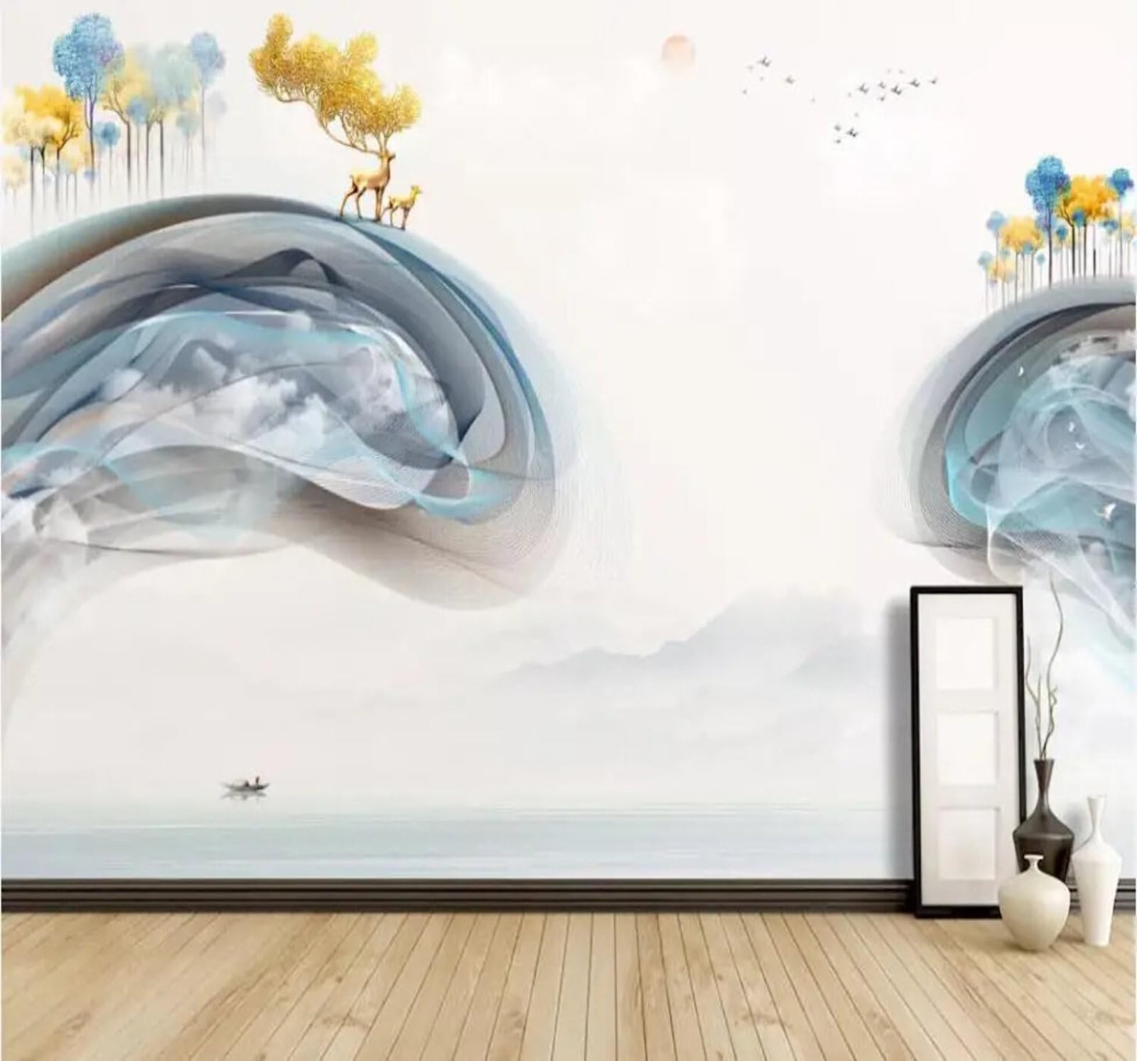 Tzxztt Abstract Minimalist Forest Reindeer Landscape Modern 3D Wallpaper Premium Textured Silk Neutral Tones Material Ideal for Living Room Bedroom-430cm×300cm
