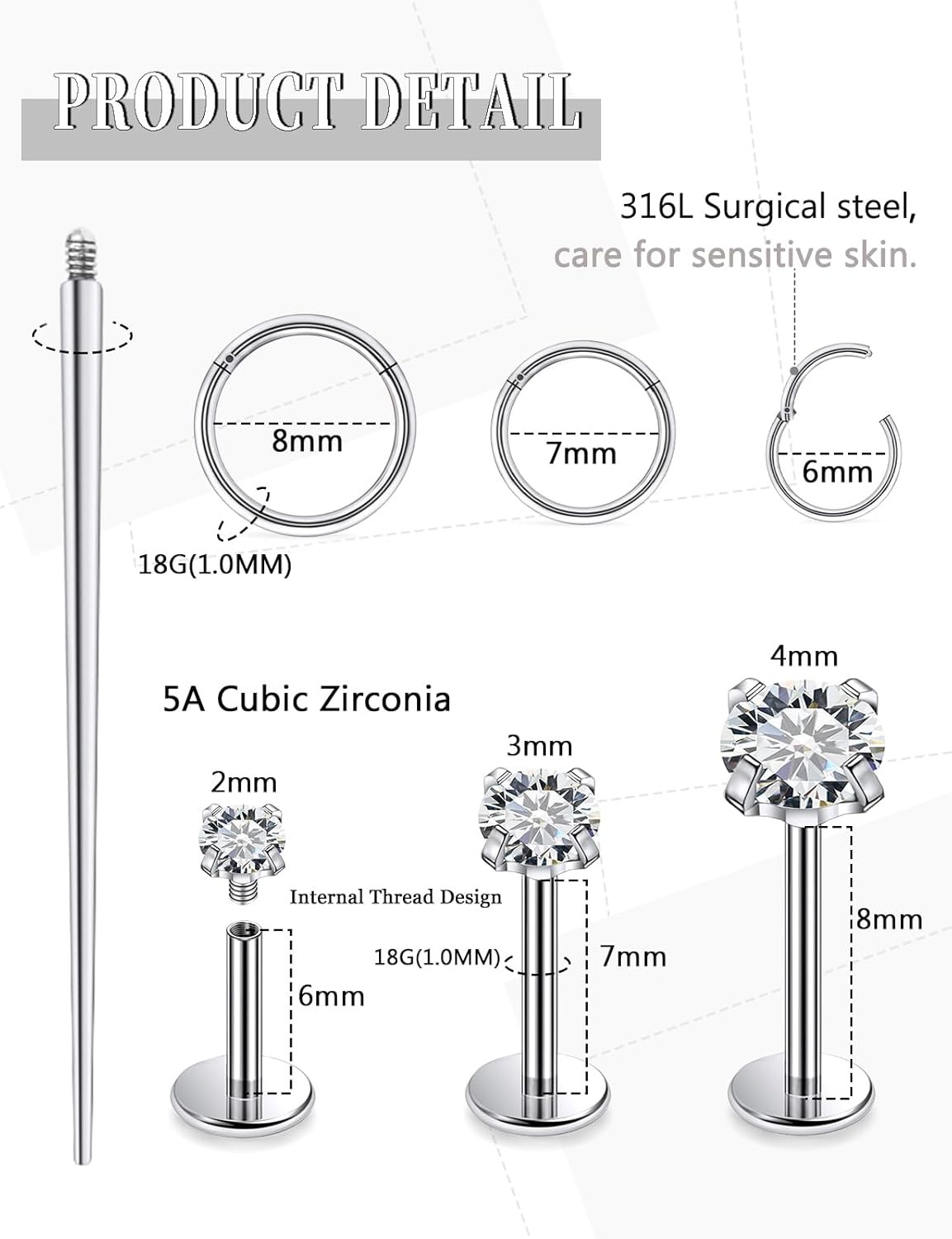 18G 16G 14G Internally Threaded Nose Rings Studs Flat Back Stud Earrings 316L Surgical Steel Nose Rings Studs Tragus Helix Conch Cartilage Lobe Earrings Hoop Piercing Jewelry For Women Men - Image 2