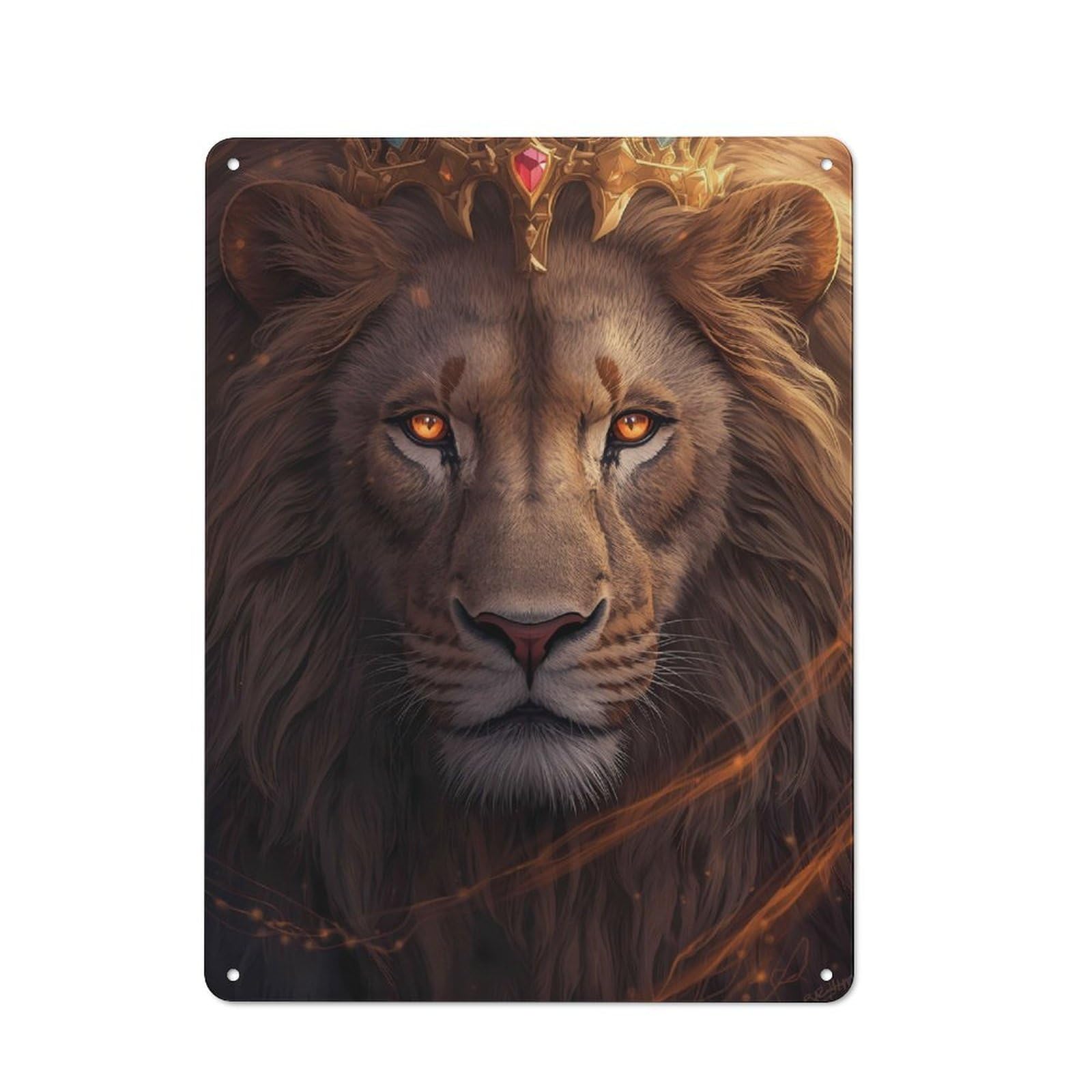 Lion with Crown Portrait Metal Wall Plaque 40x30cm, Understated Creative Space Decor for Home Office, Reading Corner Or Bedroom