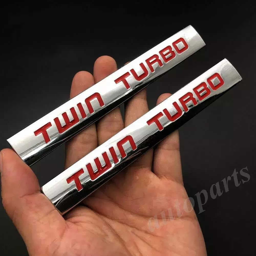 Metalowa pokrywa bagażnika samochodowego Twin Turbo, emblemat, wyścigi, logo, naklejka 3D, naklejka na plakietkę (srebrno-czerwona)